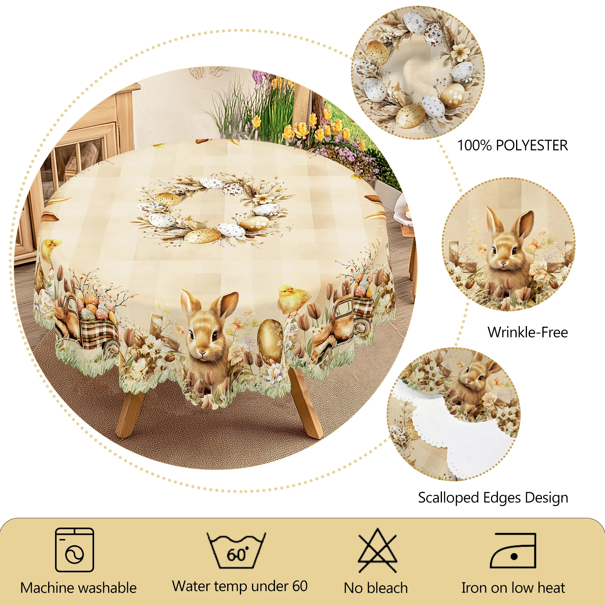1 Piece of Easter Round Tablecloth, Available in 5 Sizes, Featuring Cute Bunny and Baby Chick Designs Paired with Painted Eggs, Plaid Truck Full of Spring Bouquets and Wreaths Wrapped Around Gilded Egg Decorations, Round Printed Tablecloth with Embossed Edges, Easter Spring Garden Tablecloth Decorat - الصورة 5