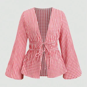 Striped Tie Bow Puff Sleeve Shirt