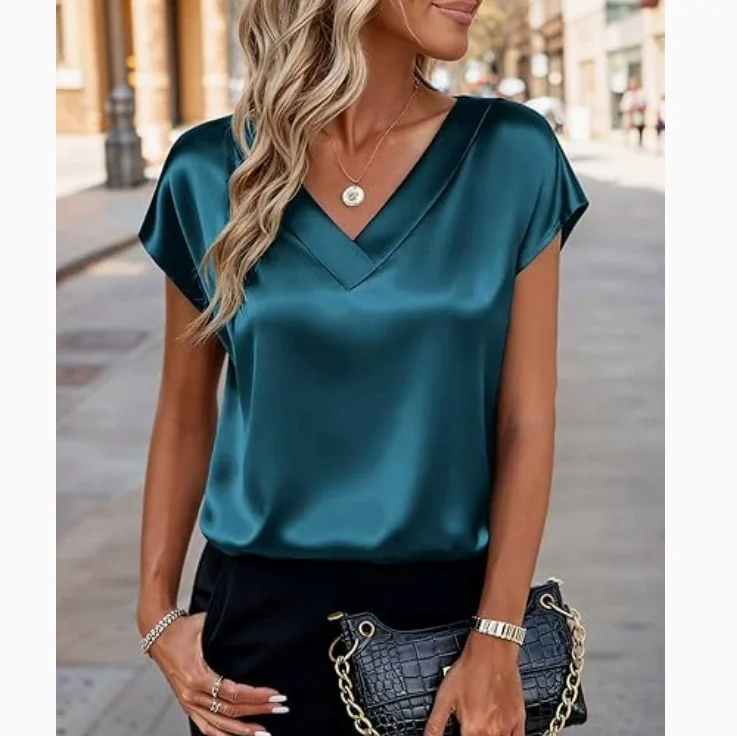 New Summer Women Fashion Blouses Casual Solid Elegant Ladies V-Neck Short Sleeve Shirts Trendy Simple Loose Woman Satin Top - Image 4