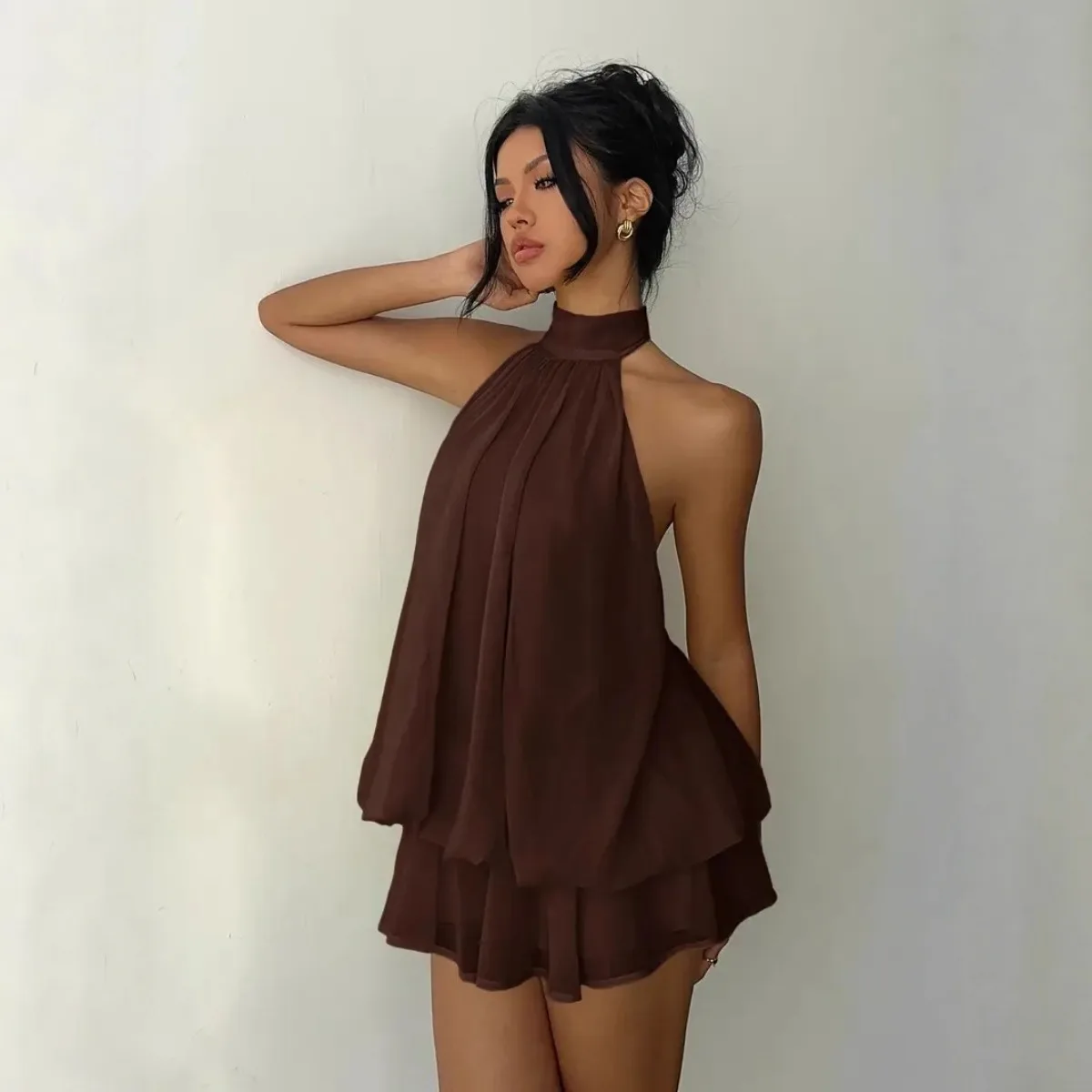 Women's Halter Neck Dress, Backless Tie-Front Chiffon Sheer Mini Skirt, Fashionable Sexy Y2K Vintage Cute Party Birthday Dress - الصورة 2