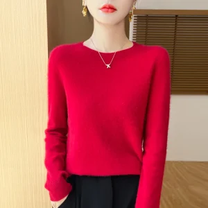 100% Merino solid color sweater ladies autumn and winter new solid color O-neck long sleeve warm fashion loose knit sweater