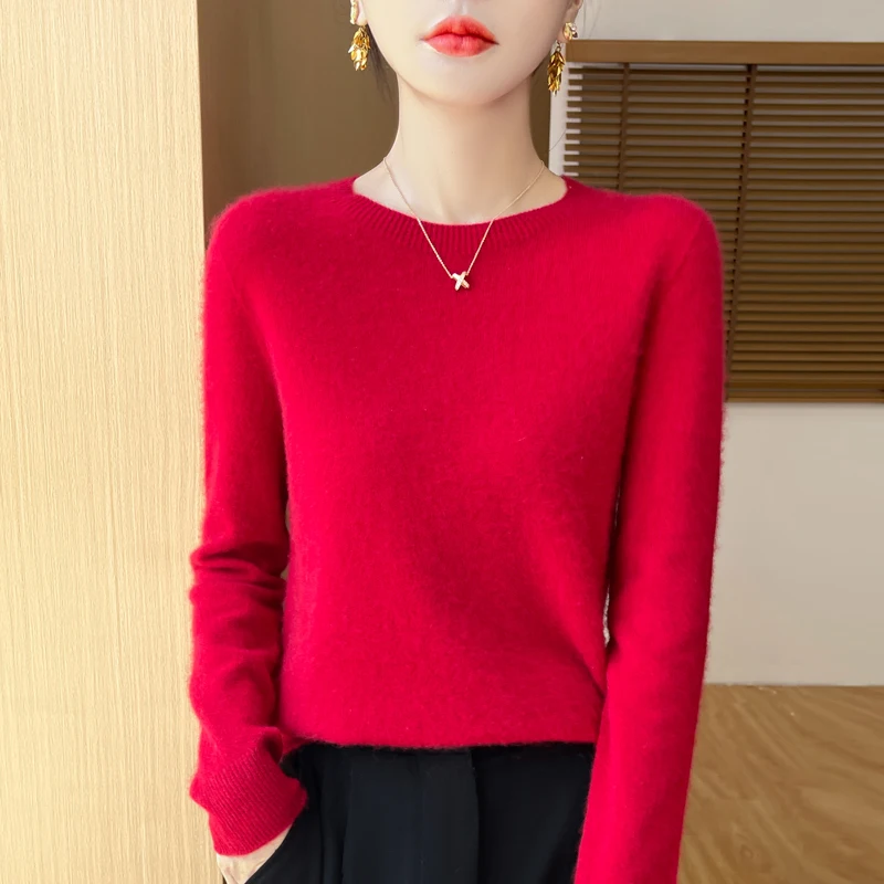 100% Merino solid color sweater ladies autumn and winter new solid color O-neck long sleeve warm fashion loose knit sweater - Image 6