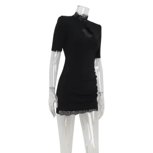 Lace Patchwork Hollow Out Bodycon Sheath High Collar Women Dresses Half Sleeves Outfits Sexy Club Fashion Female Mini Vestidos