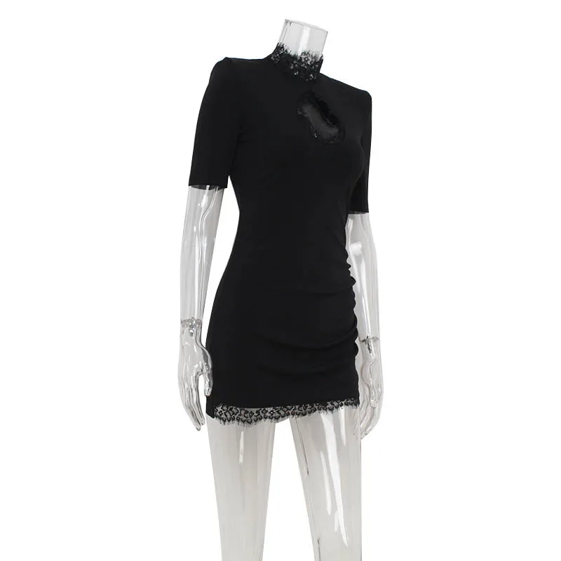 Lace Patchwork Hollow Out Bodycon Sheath High Collar Women Dresses Half Sleeves Outfits Sexy Club Fashion Female Mini Vestidos - Image 6