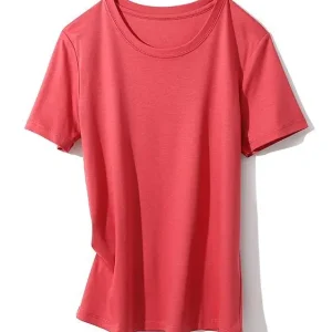 SuyaDream Women Solid T shirts, Silk Cotton Blend, O Neck, Short Sleeved Solid Tee,2025 Summer Candy Colors Basic Cozy Top Green