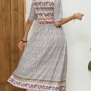 2024 Europe and America autumn ladies round neck short sleeve long skirt Bohemian print dress woman