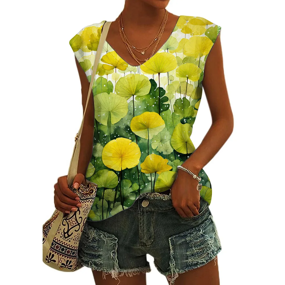 Women's Basic T-shirts Blue Flower Printed Breathable V Neck Cap Sleeves Tank Tops Vintage Summer Beach Loose Fit Tees Tops - Image 3