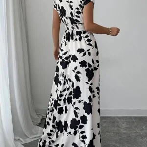Ladies' elegant black and white floral print V-neck elastic drawstring waist cinching A-line vacation dress