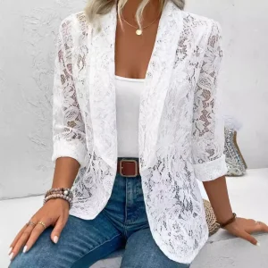 Black White Classic Lace Jacket Women's Elegant Lightweight Coat Spring Autumn Blouse