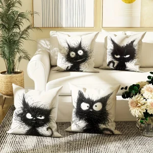Contemporary Style Throw Pillow Covers with Whimsical Cat Design,Machine Washable for Various Room Decor, 18x18 inches