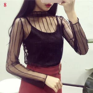 Women Lace Bottomed Blouse T-shirt Spring And Autumn Long Sleeve Mesh Crop Top Foreign Style Sexy Hollow Mesh Top High Neck 2024
