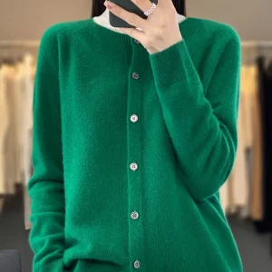 Fashion Women 100% Merino Wool Cardigans Cashmere Sweater Autumn Winter O-neck Long Sleeve Knitwear Female Basic Clothing Tops