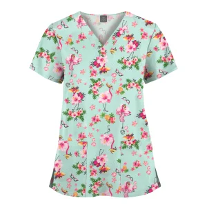 Wholesale Polyester Spandex Uniforms Beautiful Hospital Scrubs Tops Women Nurse Printed Scrub Top Healthcare Nursing Scrub Shirt