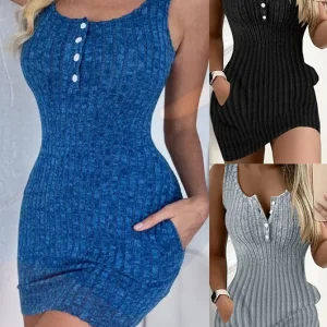 Button Front With Pocket Tank Dress Elegant Sleeveless Bodycon Dress For Spring Summer Women's Clothing