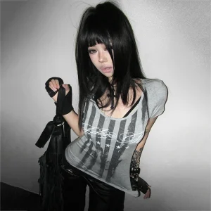 Karrcat Trashy Y2k Striped Letter Print T-shirt Grunge Aesthetics Short Sleeve Tee Shirt Vintage Punk Streetwear American Retro