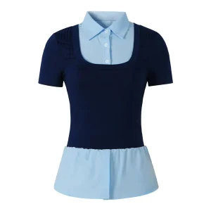 Women's T-shirt Spring Summer Navy Blue Light Blue Contrast Ruffle Hem Valentine's Day Elegant Casual Daily Office Top