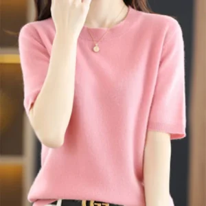 Spring and Summer New Short-sleeved Women O-neck Slim Wool Cotton Blend Pullover Vest T-shirt Knitted Base Sweater