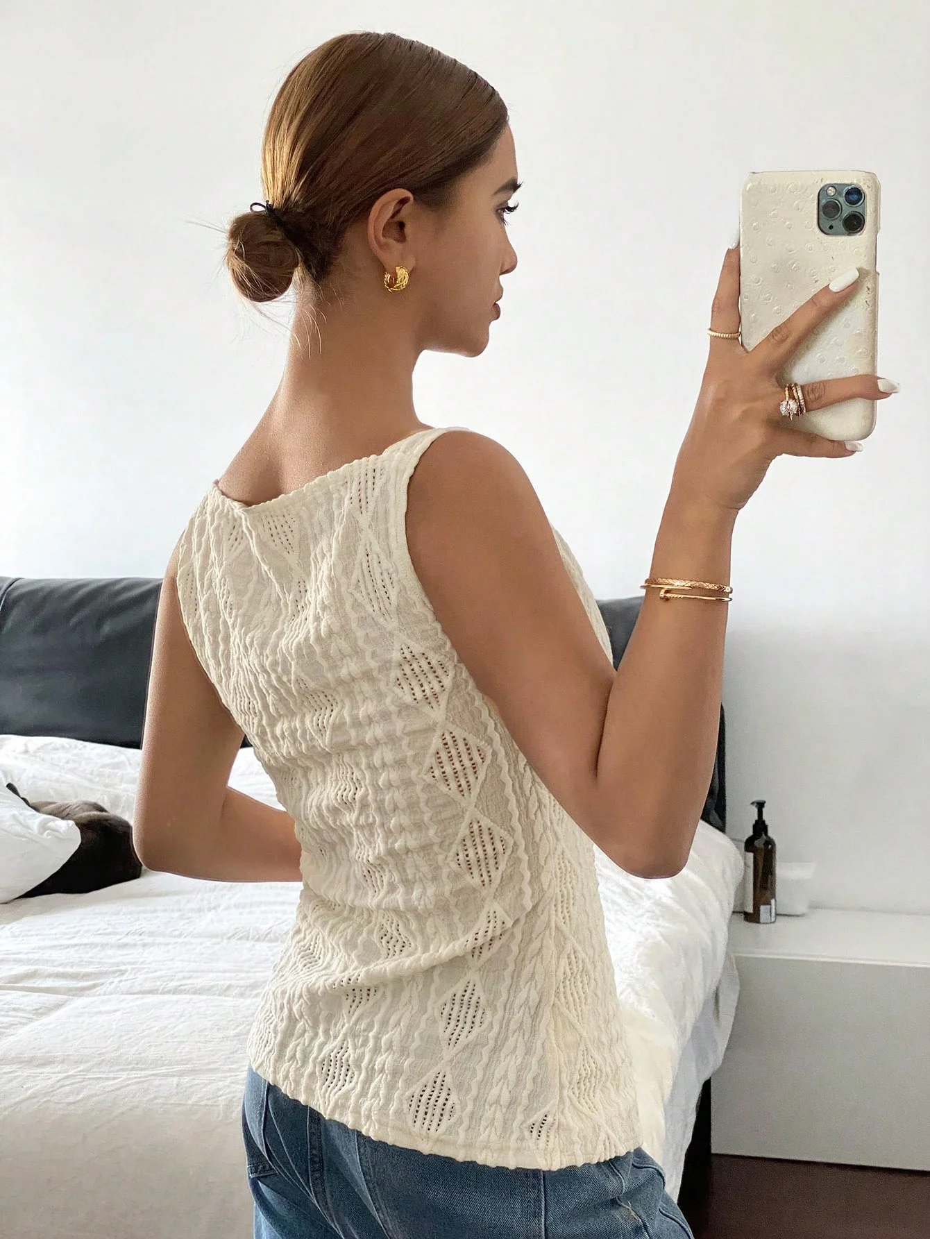 Women's summer sleeveless geometric texture single breasted casual shirt - الصورة 2