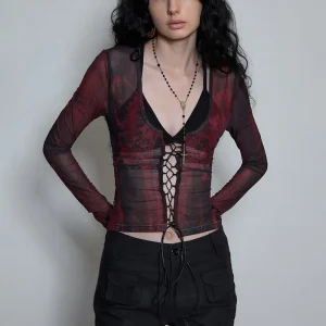 Karrcat Grunge Aesthetics Mesh Tops Vintage Tattoo Print T-shirt Trashy Y2k Bandage Tee Shirt Gothic Punk Sheer Tops Alternative