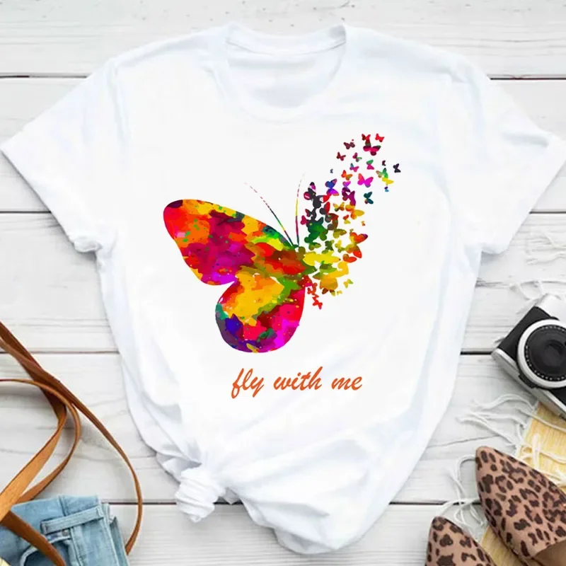 New Fashion Women T-shirt Colorful Butterfly Petal Print Short Sleeve and Round Neck Cute Graphic Tee Shirts Female Tops Clothin - Image 23