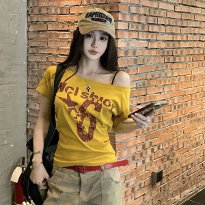 Y2k Sport Summer Off shoulder Top Women Sexy Vintage 2000s Short sleeve T shirt Lady Body Basic Crop Top Female Casual