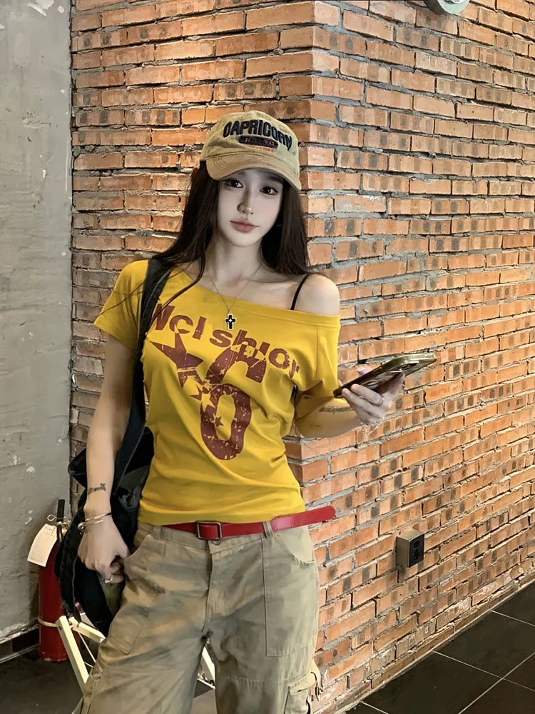 Y2k Sport Summer Off shoulder Top Women Sexy Vintage 2000s Short sleeve T shirt Lady Body Basic Crop Top Female Casual - Image 4