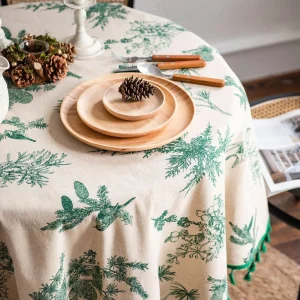 Green Leaves Print Round Tablecloth Cotton Linen Boho Table Cloth with Tassels for Kitchen Restaurant Christmas Party Decoration