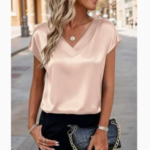 New Summer Women Fashion Blouses Casual Solid Elegant Ladies V-Neck Short Sleeve Shirts Trendy Simple Loose Woman Satin Top