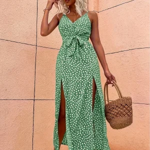 Elegant Ladies Spotted Print Split-Design Halter Dress with Waist-Cinching Feature Fashionable Women's Summer Dress