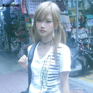 Karrram Japanese Y2k Piano Key Print T-shirt Vintage Harajuku V-neck Tops Trashy 2000s Style Short Sleeve T Shirt American Retro