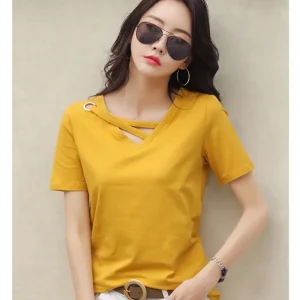 Sexy V-neck Solid Design Short Sleeve Tops Korean Casual Trendy Top Women New 2024 Summer Popular T Shirt for Women