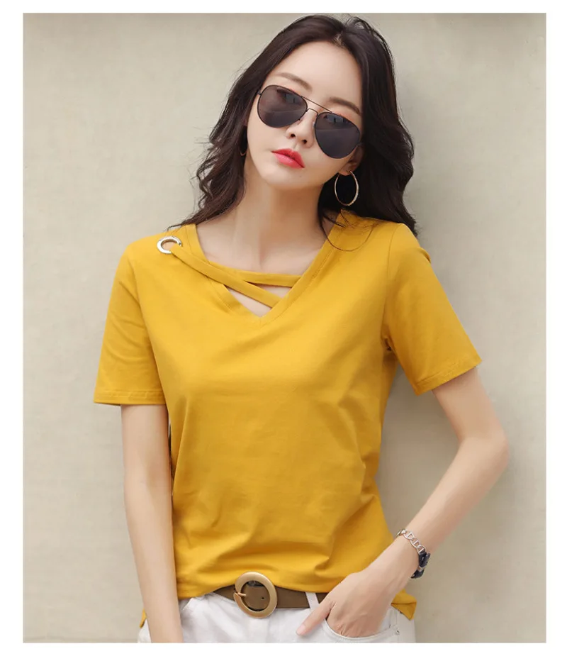Sexy V-neck Solid Design Short Sleeve Tops Korean Casual Trendy Top Women New 2024 Summer Popular T Shirt for Women - الصورة 5