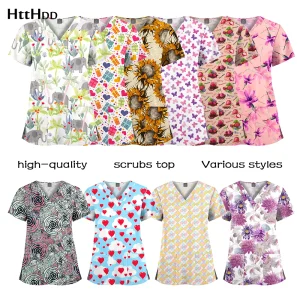 Wholesale Polyester Spandex Uniforms Beautiful Hospital Scrubs Tops Women Nurse Printed Scrub Top Healthcare Nursing Scrub Shirt