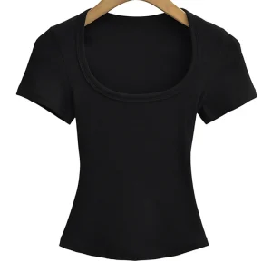 Summer square neck high elasticity crop top women's short sleeved sexy top slim fit pullover base shirt