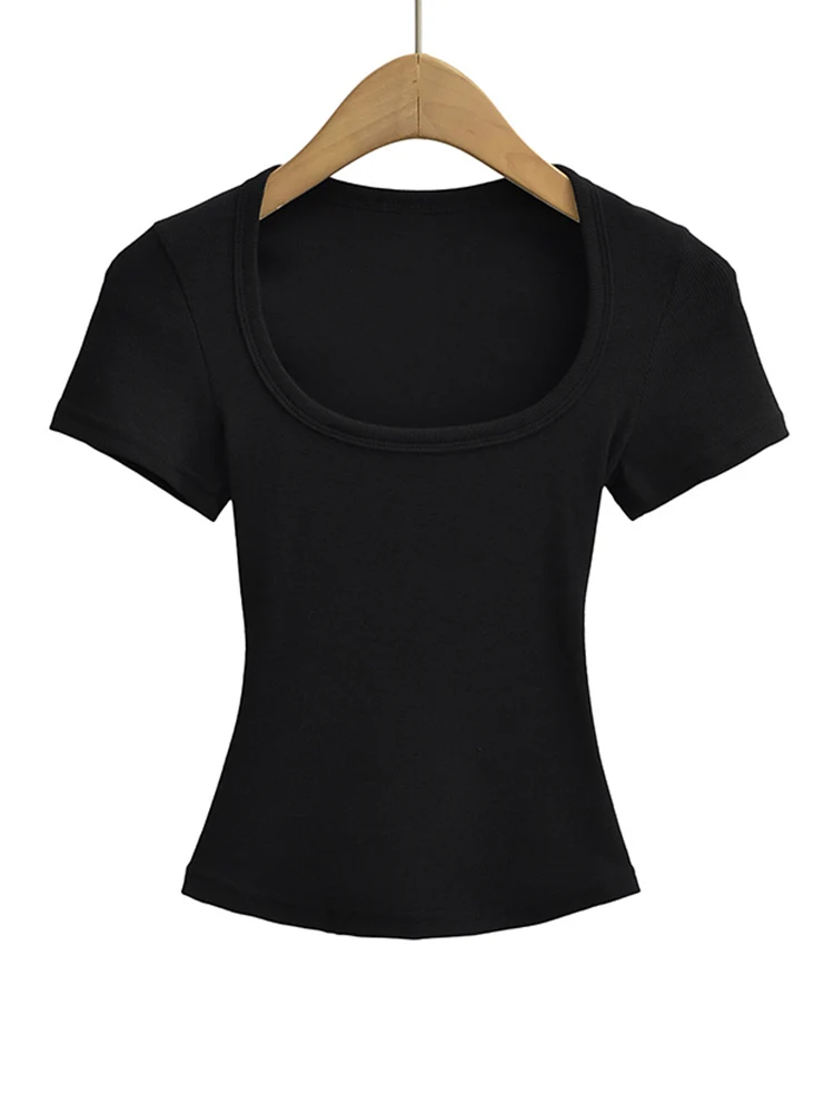 Summer square neck high elasticity crop top women's short sleeved sexy top slim fit pullover base shirt - Image 6