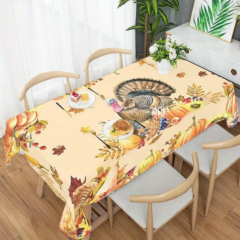 Thanksgiving Turkey Rectangle Tablecloths Autumn Pumpkin Flowers Maple Leaf Table Cover Kitchen Holiday Party Dining Table Decor - الصورة 4