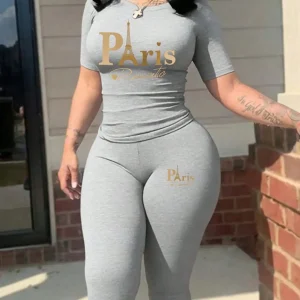 2026 women's new Paris printed two-piece set, casual short sleeved round neck T-shirt and tight pants long pants set