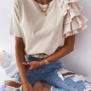 Women Summer Ruffles Short Sleeve Loose T Shirt Chic Elegant Solid O Neck Tops Casual Simple All Match Tee Streetwear Blouse
