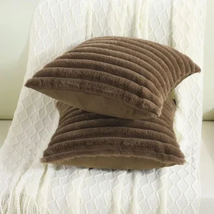 Faux Rabbit Fur Square Cushion Cover Big Thick Striped Super Soft Solid Color Pillow Cover 24×24inch Sofa Decor Cushion Covers