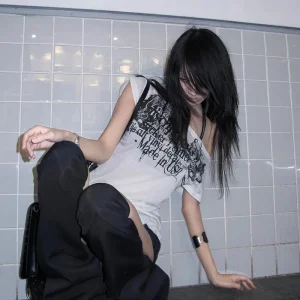 Karrram Japanese Y2k Letter Print T-shirt Trashy 2000s Style Tattoo T Shirt Vintage Harajuku Short Sleeve Sheer Tops Grunge Goth