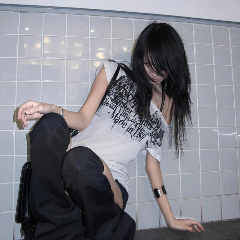 Karrram Japanese Y2k Letter Print T-shirt Trashy 2000s Style Tattoo T Shirt Vintage Harajuku Short Sleeve Sheer Tops Grunge Goth - الصورة 5