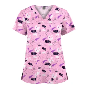 Wholesale Polyester Spandex Uniforms Beautiful Hospital Scrubs Tops Women Nurse Printed Scrub Top Healthcare Nursing Scrub Shirt