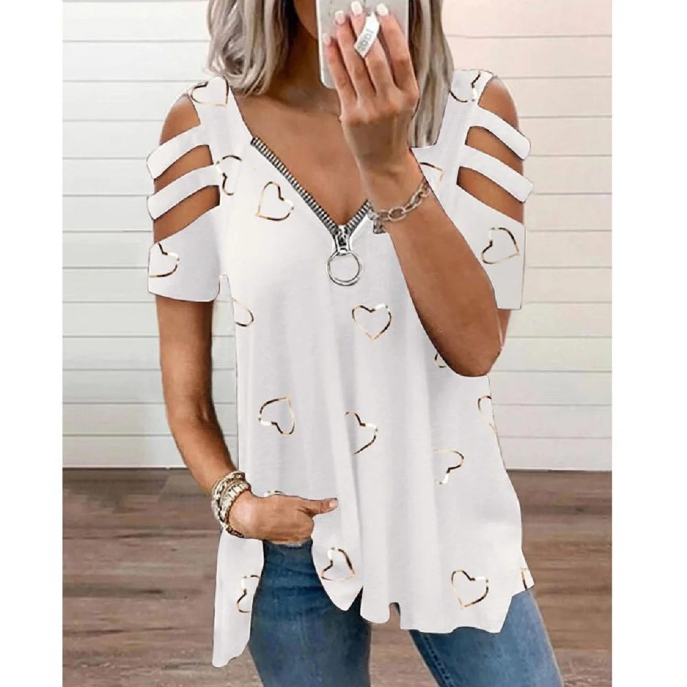 2024 Summer Women's V-Neck Zipper Printed Short Sleeve Tops Loose T-Shirts - Image 6
