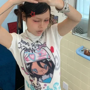 Karrram Japanese Y2k Anime Print T-shirt 2000s Aesthetics Kawaii Crop Top Vintage Harajuku Cutecore Short Sleeve T Shirts Lolita
