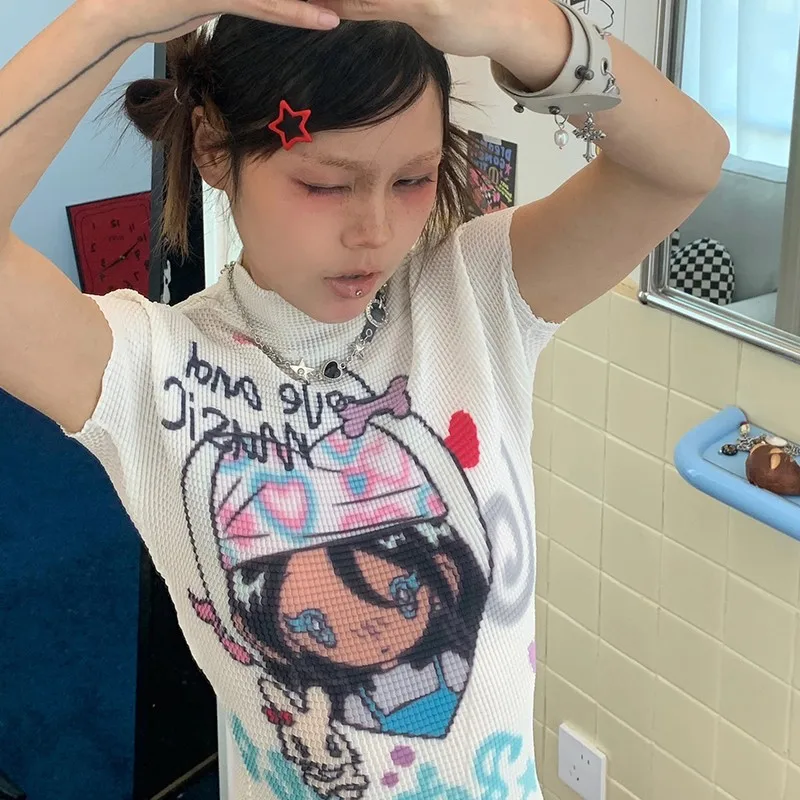 Karrram Japanese Y2k Anime Print T-shirt 2000s Aesthetics Kawaii Crop Top Vintage Harajuku Cutecore Short Sleeve T Shirts Lolita - Image 3