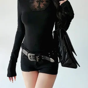 Turtleneck Top Y2k Clothes Black Gothic Cross Hollow Slimming Bottom T Shirt for Women Long Sleeve Sexy T-shirt Girls Tops