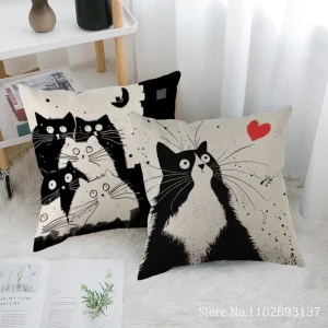 Cute Black And White Cat Printing Pillowcase Cotton Linen Fabric Square Zipper Pillowcase Wedding Decorative Pillow Cover