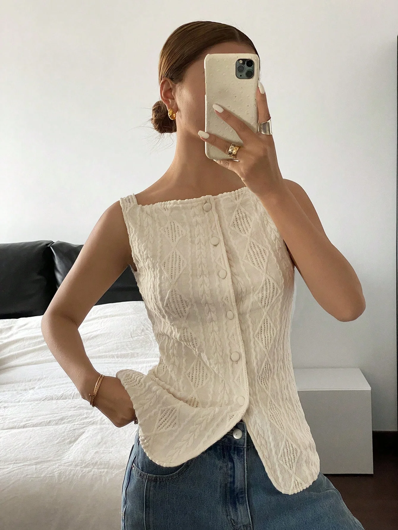 Women's summer sleeveless geometric texture single breasted casual shirt - الصورة 4