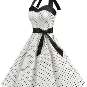 Women Polka Dot Print Summer Dress Sexy Retro White Halter Vintage Dress Robe Femme Pin Up Rockabilly Party Dress