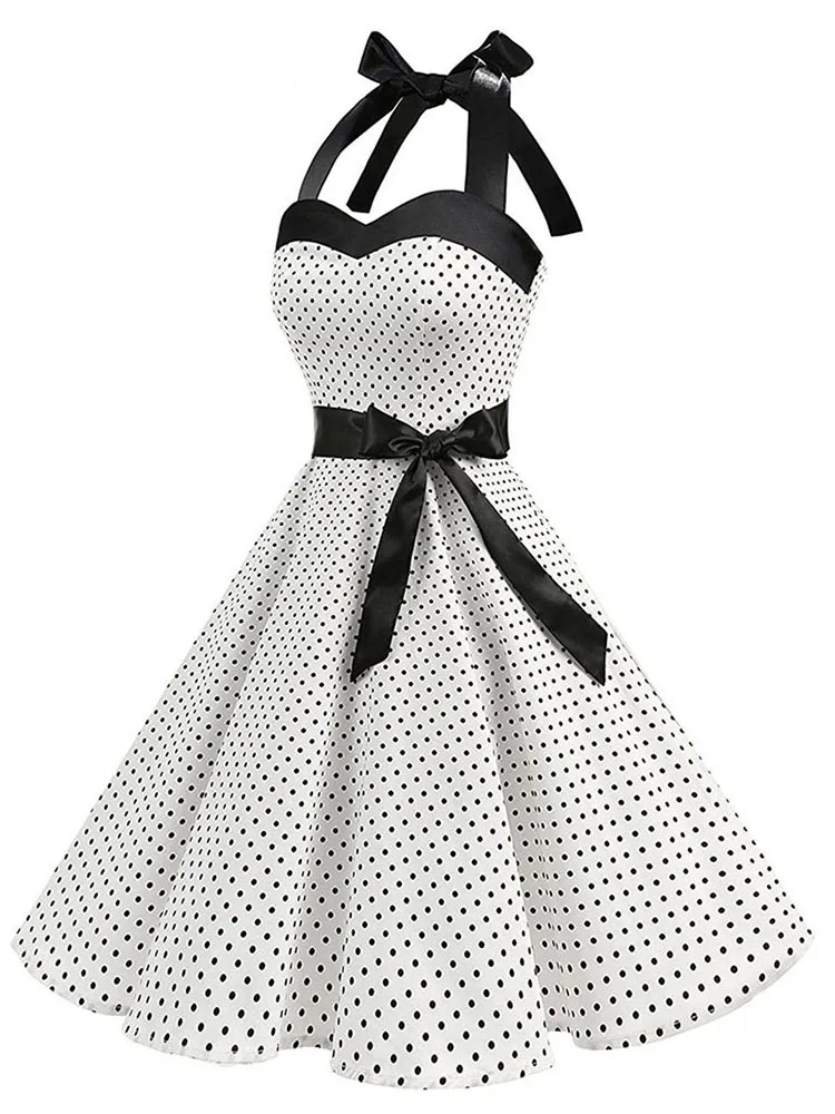 Women Polka Dot Print Summer Dress Sexy Retro White Halter Vintage Dress Robe Femme Pin Up Rockabilly Party Dress - الصورة 2